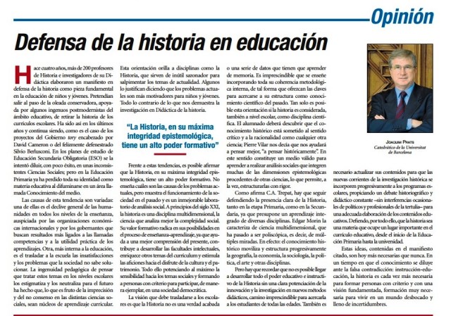 DEFENSA DE LA HISTORIA EN EDUCACIÓN, J. PRATS