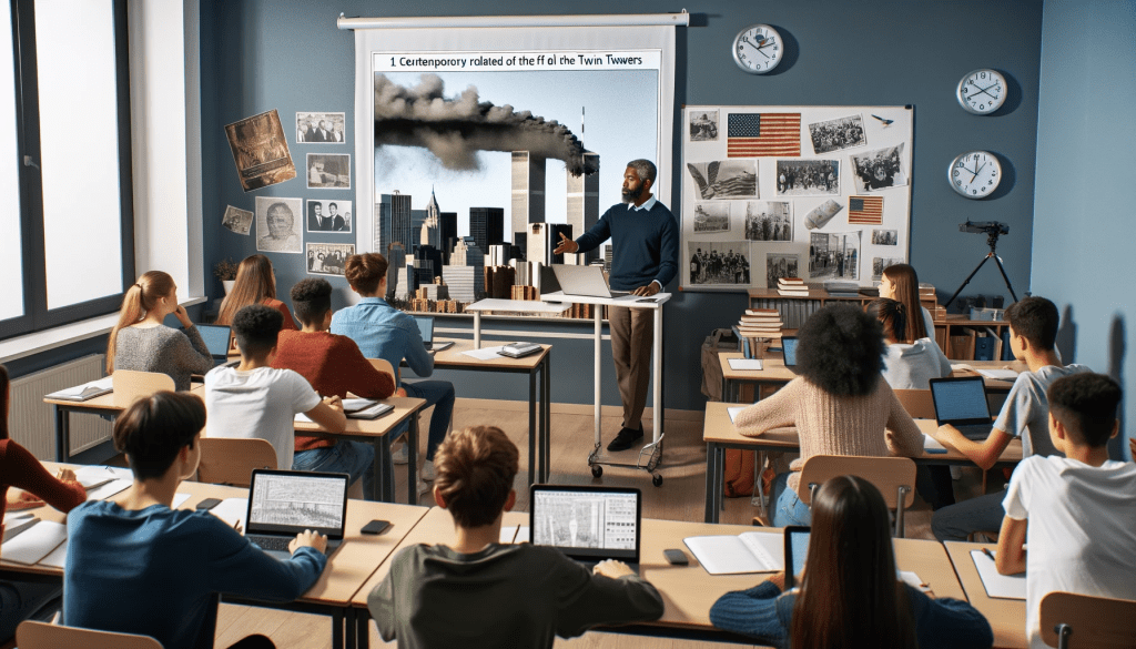 La imagen ilustra una clase de historia contemporánea en el año 2018, con el uso de tecnología avanzada y laptops tanto por parte del profesor como de los estudiantes.