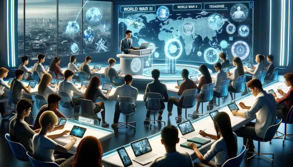 La imagen muestra una clase de historia universal en el año 2024, con un enfoque en la Segunda Guerra Mundial, utilizando tecnología de hologramas y tablets para la enseñanza y el aprendizaje.