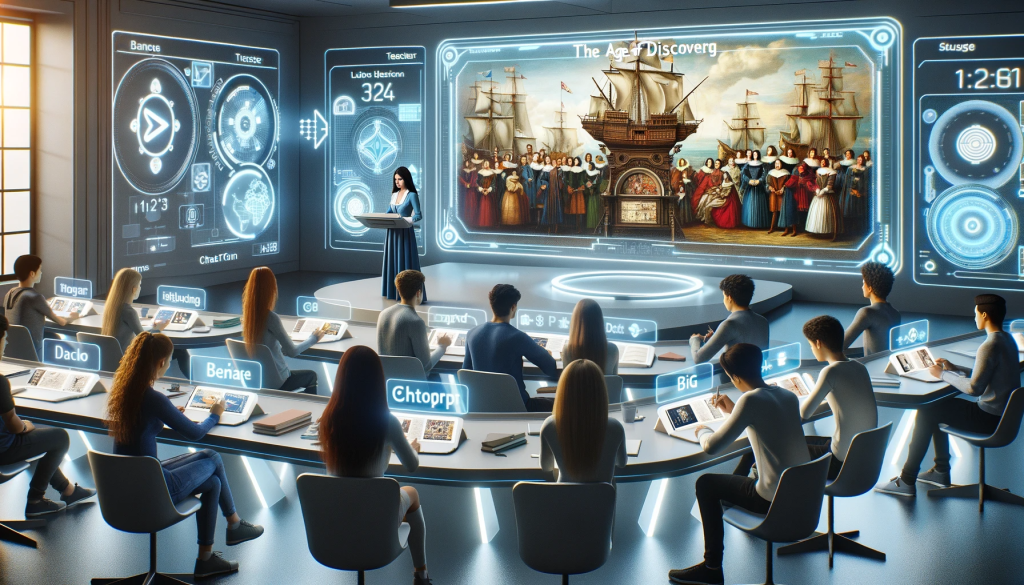 La imagen representa una clase de historia en el año 2024, mostrando un entorno educativo futurista con tecnología avanzada, incluyendo hologramas y tabletas holográficas utilizadas por los estudiantes.