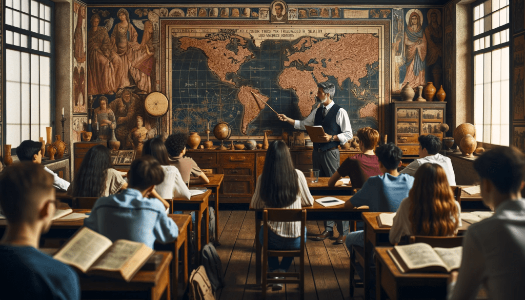 La imagen muestra una clase de historia universal enseñada de manera tradicional. Puedes ver cómo el profesor y los estudiantes interactúan en un ambiente enriquecido con mapas y objetos históricos