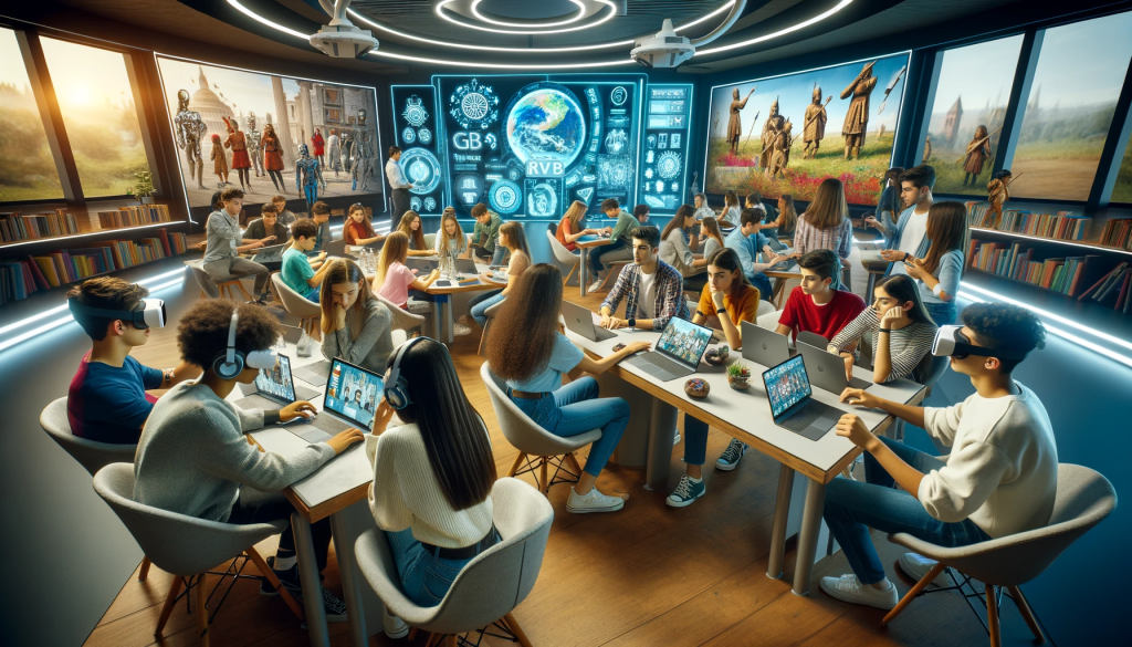 La imagen representa una sala de clase moderna e interactiva, donde los estudiantes están aprendiendo historia de manera colaborativa utilizando ChatGPT y tecnologías avanzadas.