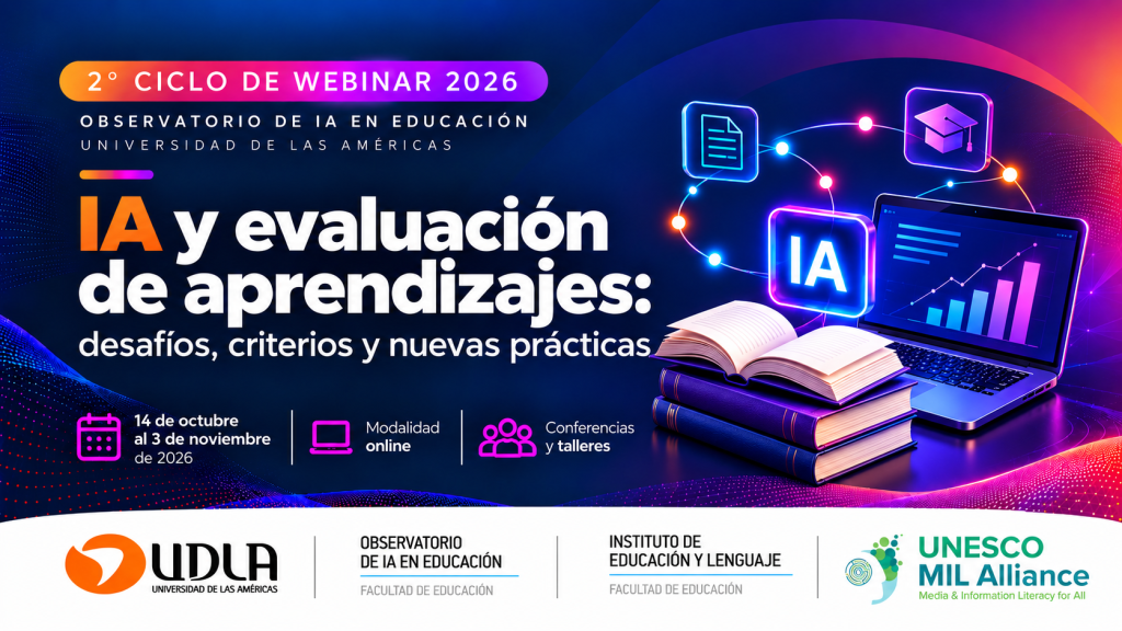 Imagen promocional del 2° Ciclo de Webinar 2026 sobre IA y evaluación de aprendizajes, organizado por la Universidad de las Américas, destacando fechas, modalidad online y temas a tratar.